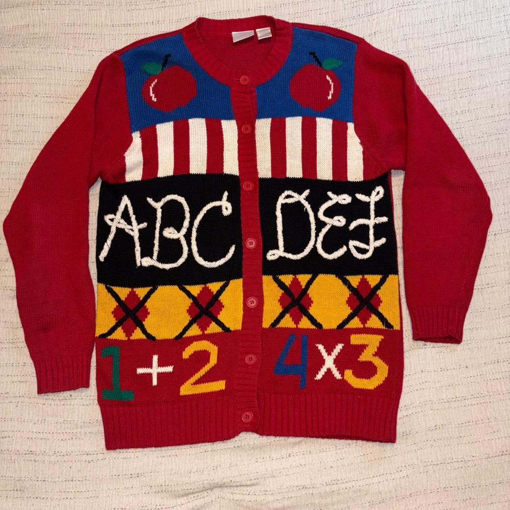 Vintage Laura Gayle Womens Teacher Cardigan Sweater Red Apple ABC Math Small
